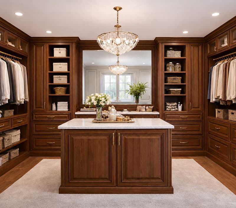Wood walk-in closet with a center island and chandelier